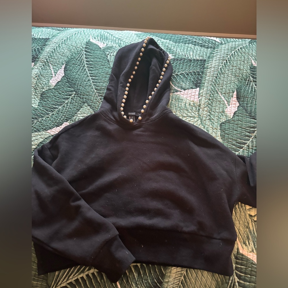 Forever 21 Black Pearl-Trim Hooded Sweatshirt